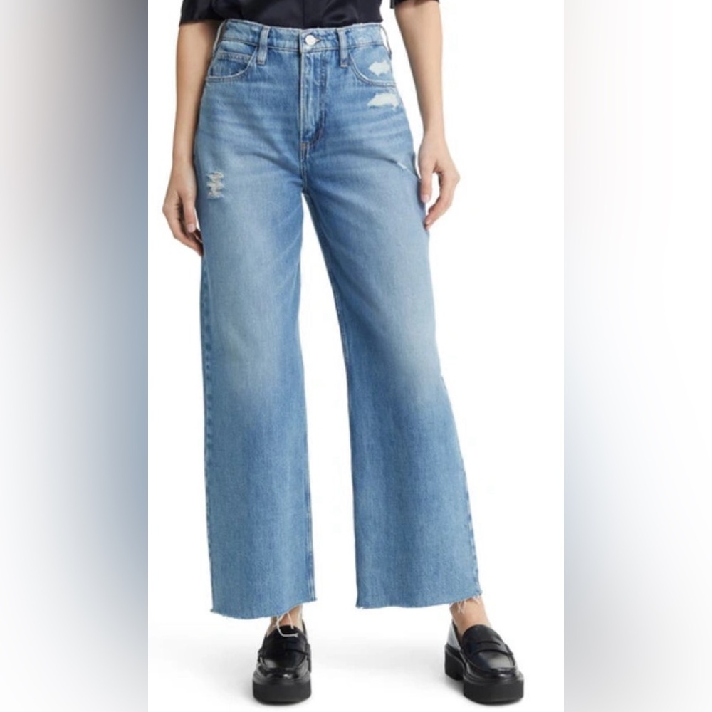frame le high 'n' tight wide-leg crop jeans downpour rips